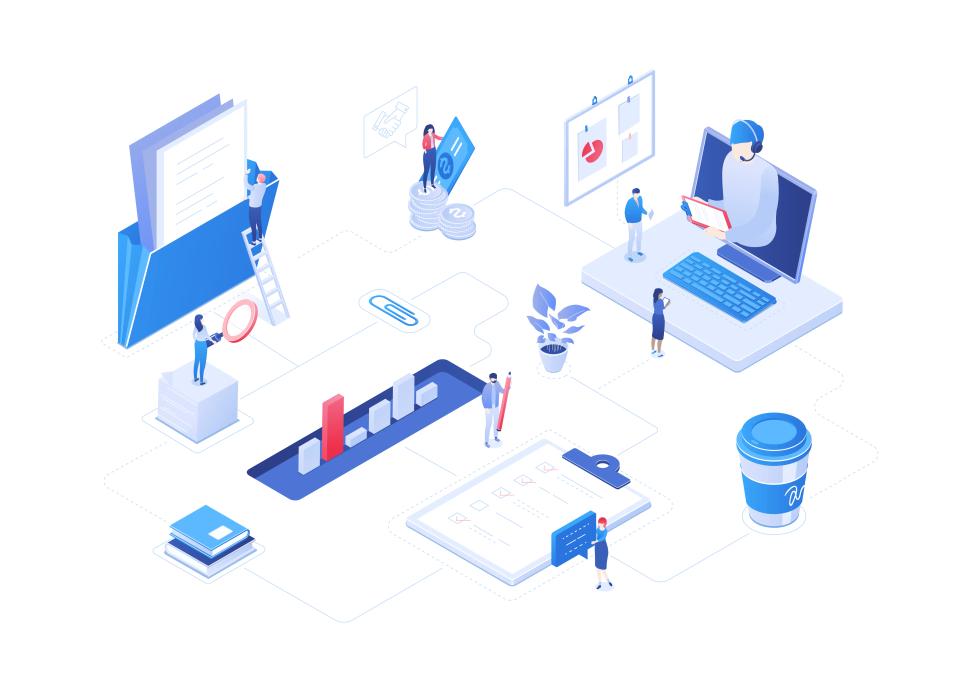 Digital workspace with charts and documents