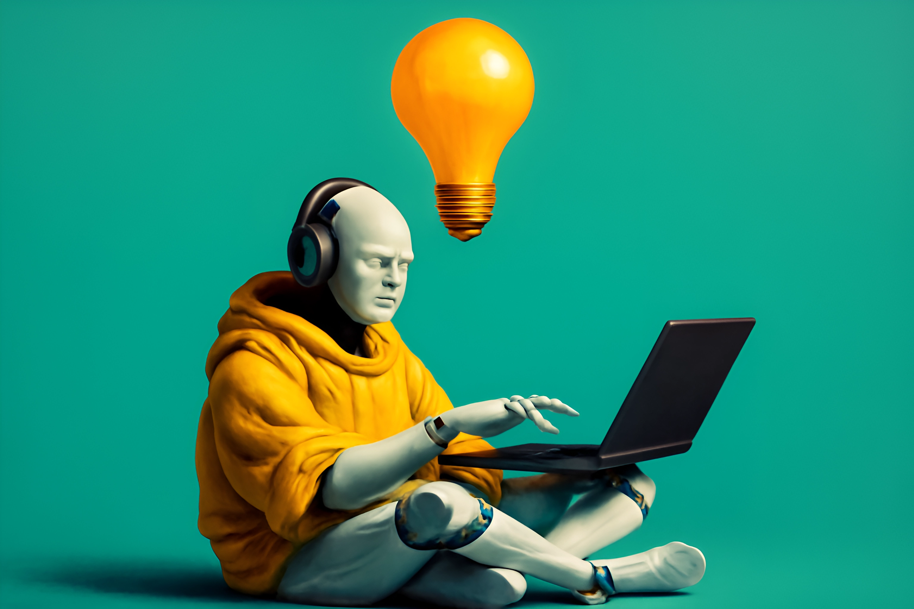 Humanoid figure using laptop creatively
