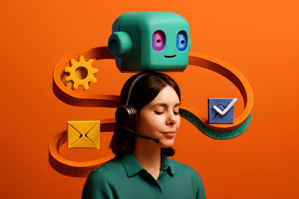 Woman with headset and chatbot icons