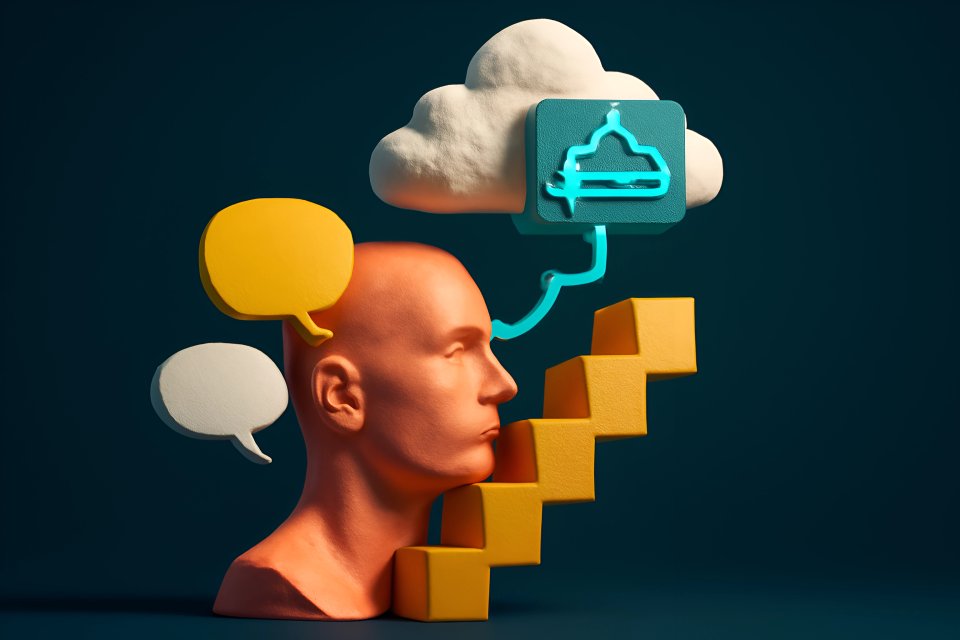 Head with speech bubbles and stairs