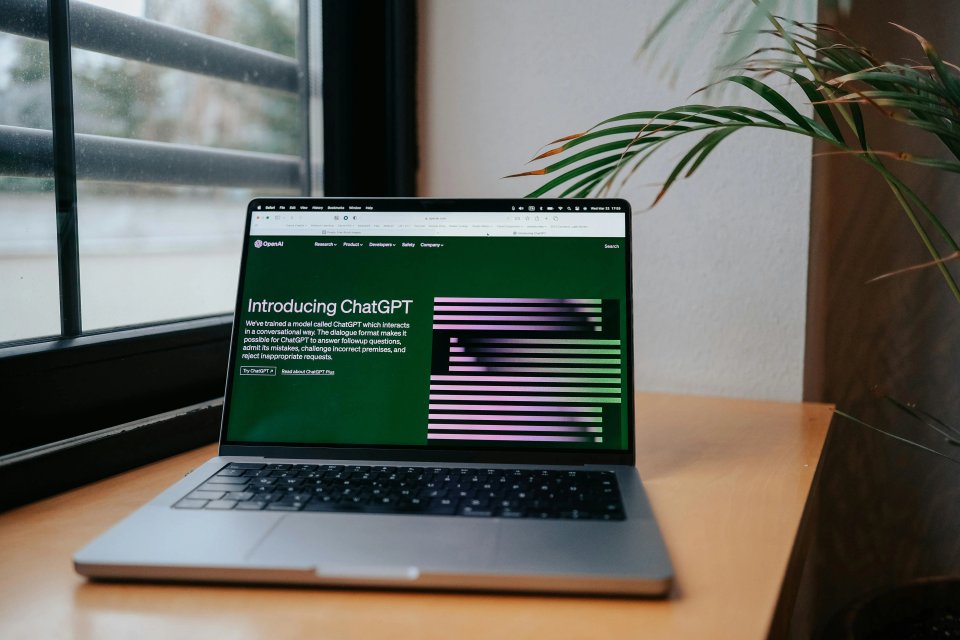 A laptop displaying the "Introducing ChatGPT" webpage with a green background and colorful bars, placed on a wooden table near a window with a plant in the background.