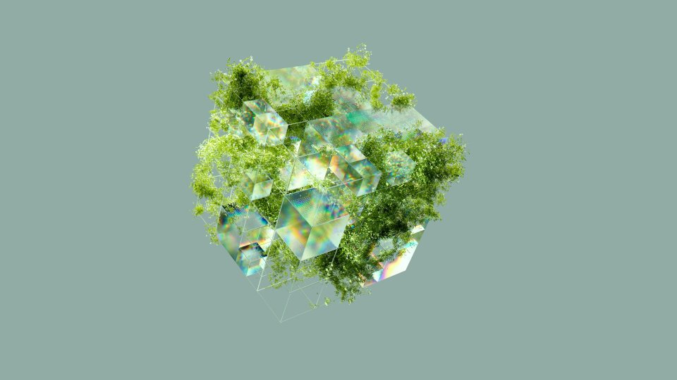 A conceptual design featuring transparent geometric shapes intertwined with lush greenery, representing a blend of nature and modern architecture.